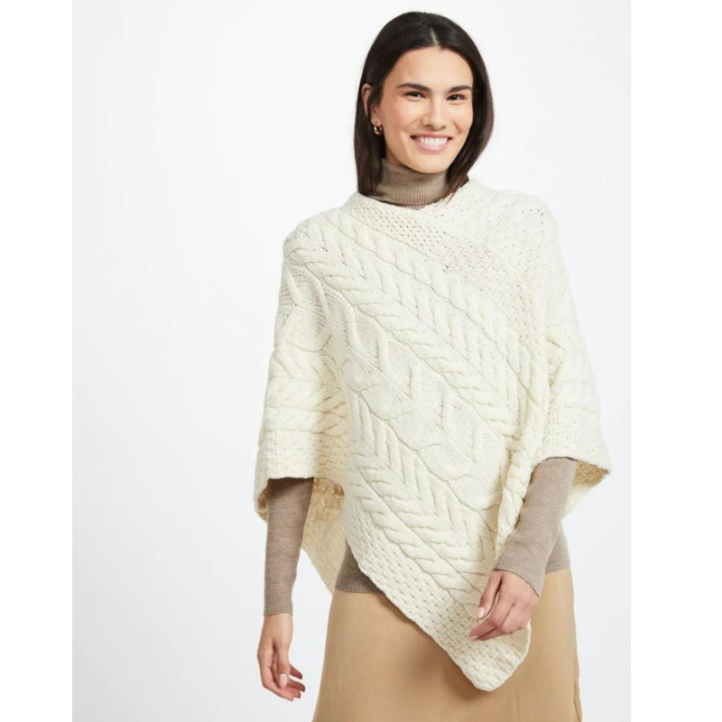 Ladies Aran Cable Knit Triangular Poncho Natural